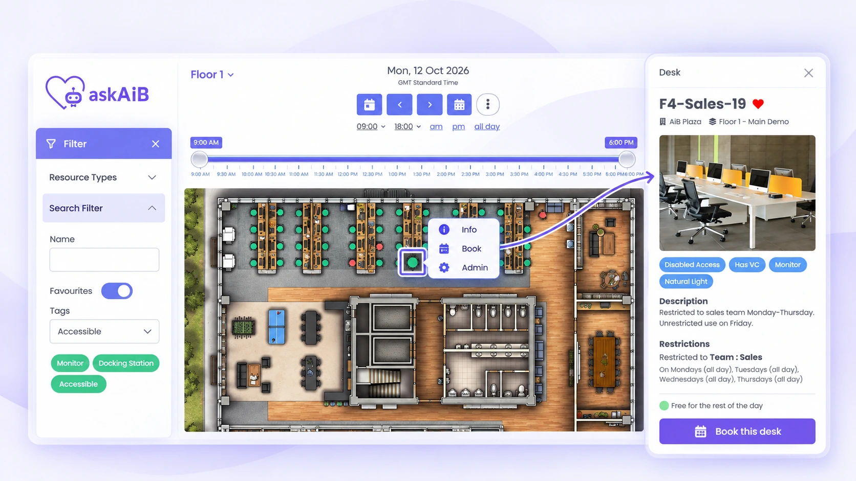 askAiB floorplan with desk availability and resource booking tools