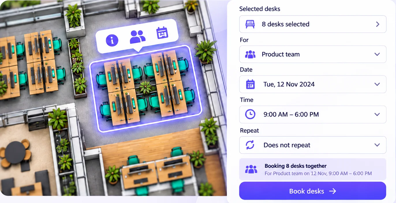 Stylised team desk booking example showing selected desks and booking form