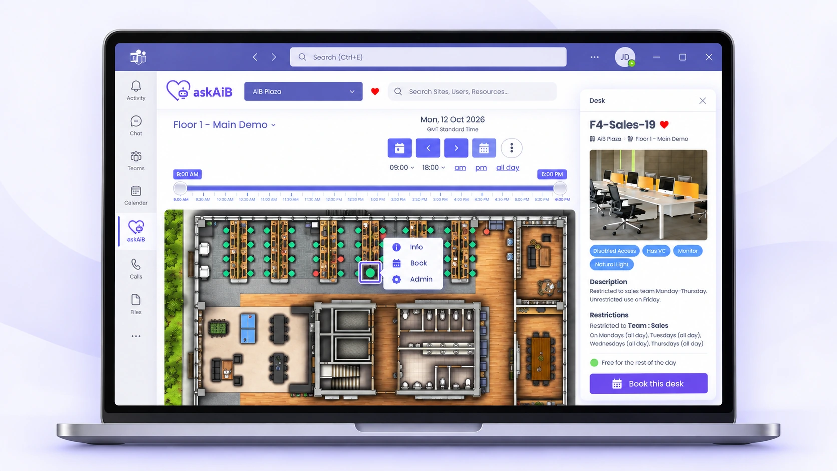 Genuine askAiB workplace booking in Microsoft Teams
