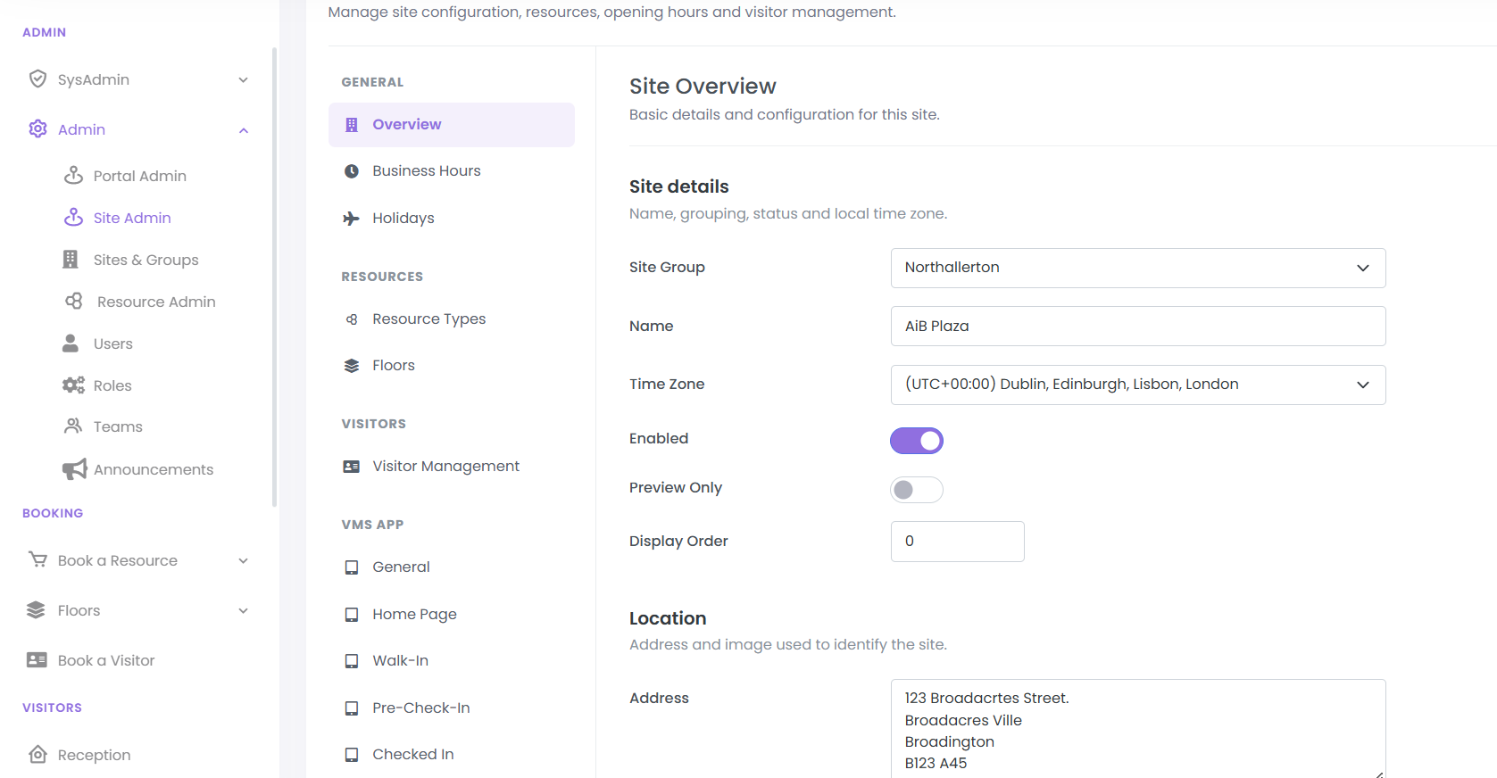 Actual site administration showing site group, name, time zone and status